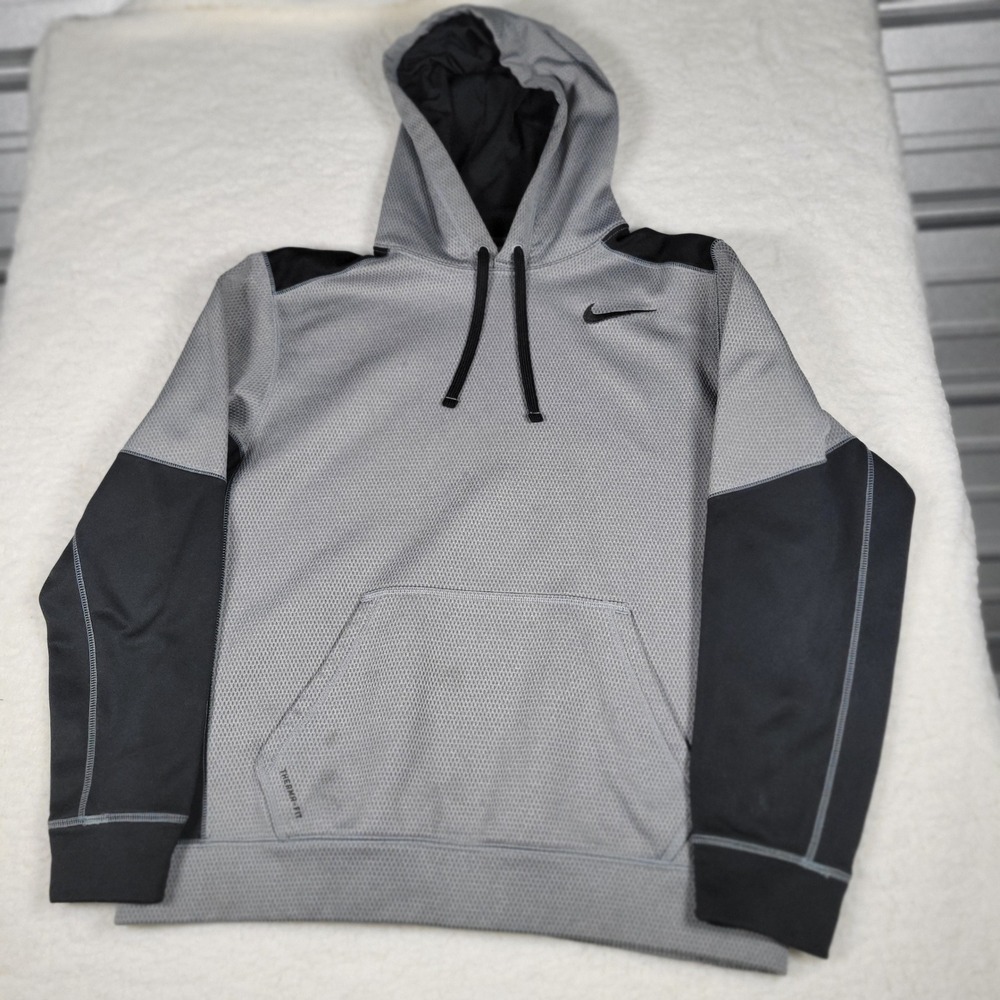 Nike Therma-FIT Mens L Hoodie Grey Black Textured Fleece Pullover 597790-075